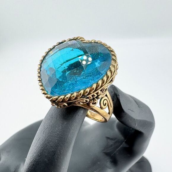 Vintage Sajen Bronze Filigree Heart Ring Dream Blue CZ Retro Glam Modern Chunky - Picture 5 of 14